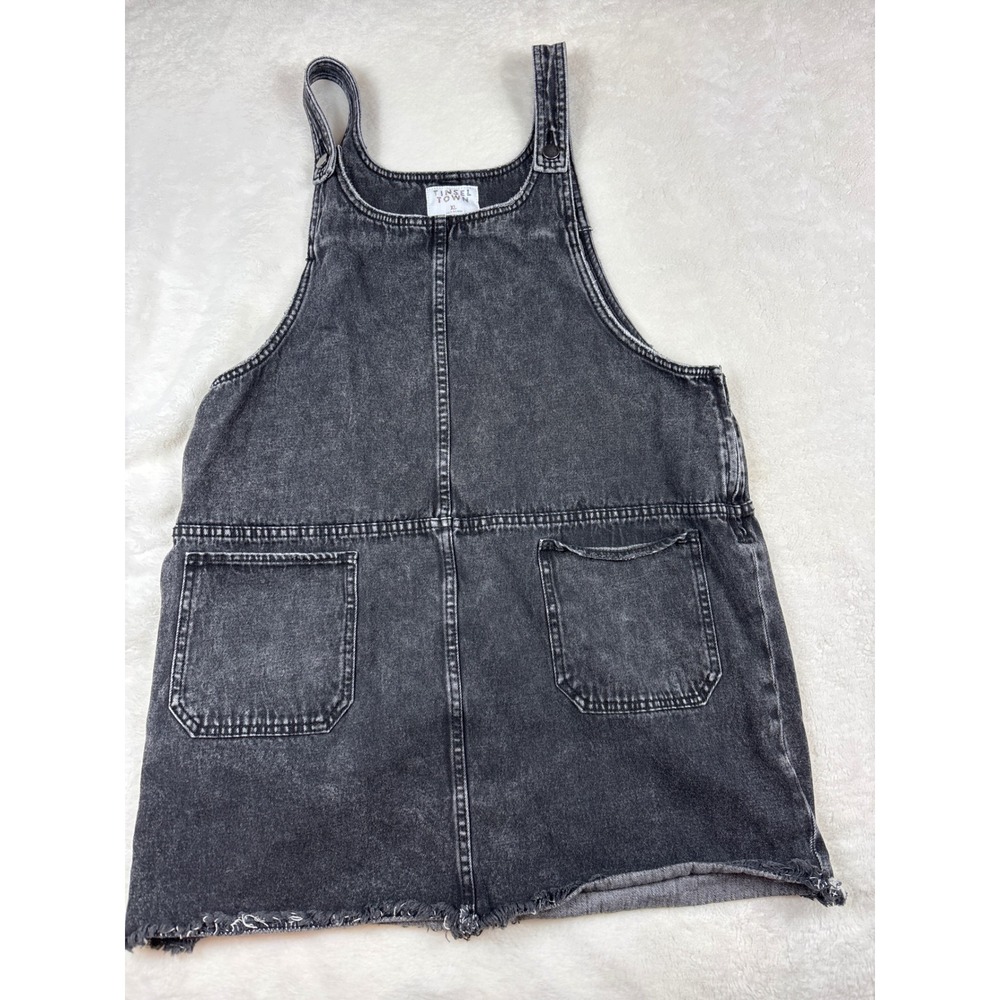 Tinsel Town Womens XL Black Acid Wash Denim Pinafore Overall Mini Dress Frayed